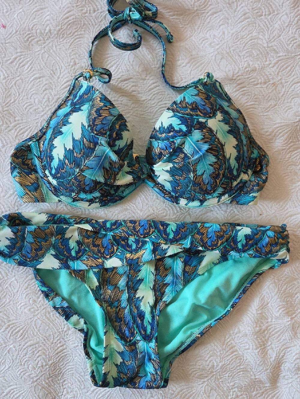 Aqua Turquoise & Blue Feather-Print Underwire Bikini Set